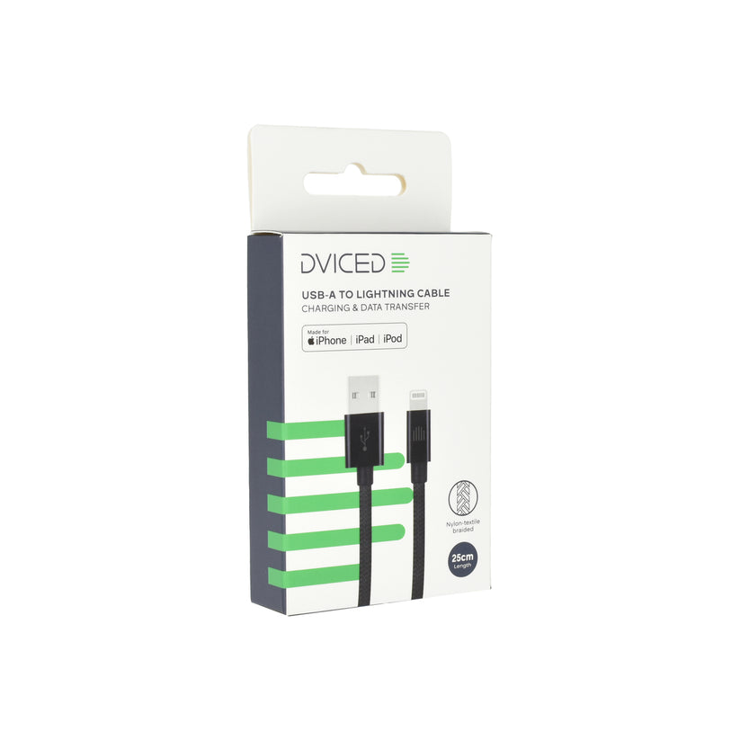 Dviced – USB-A - Lightning szőtt borítású töltőkábel, 0,25 m - fekete - iSTYLE HU