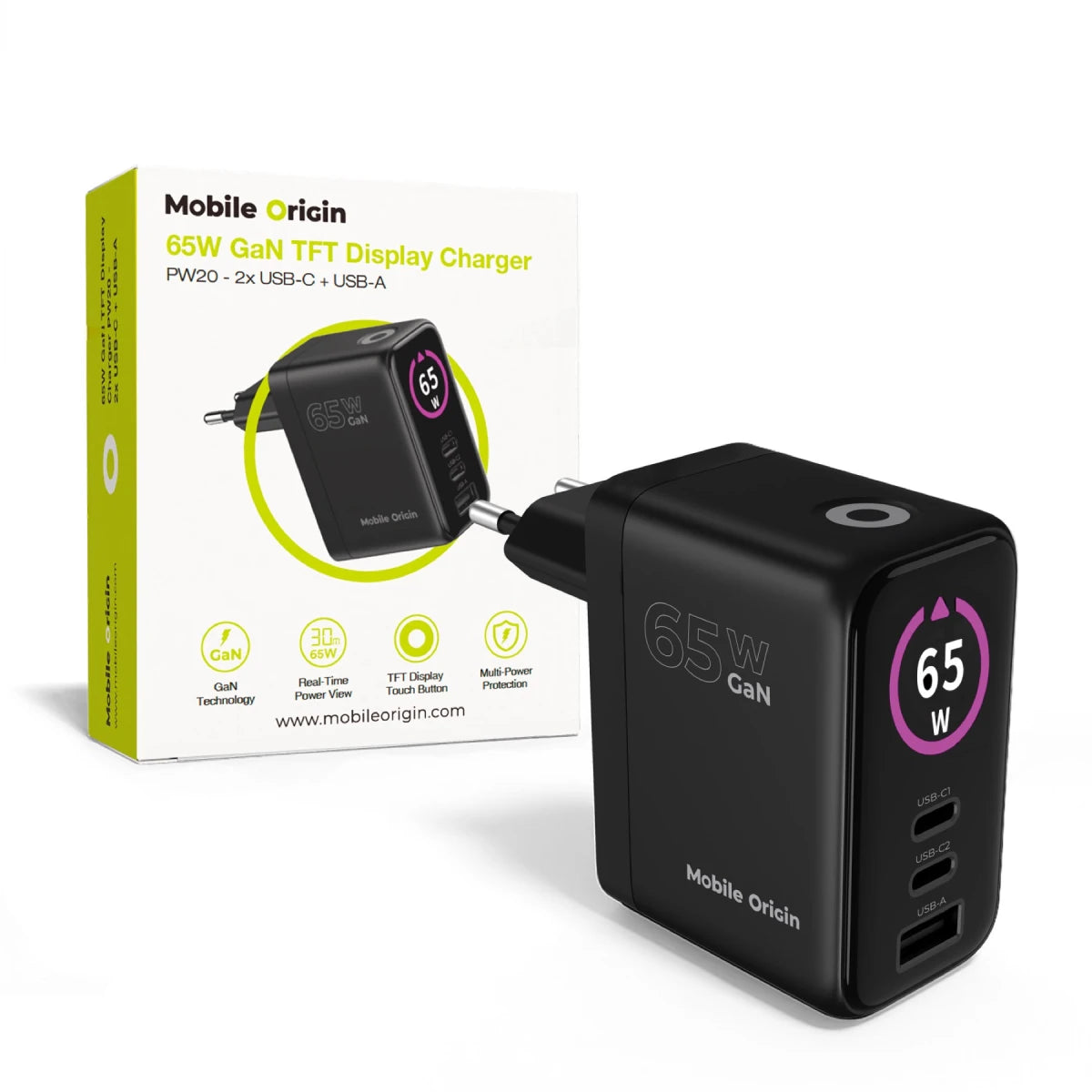 Mobile Origin 65W GaN Display Charger PW20 - 2x USB-C + USB-A