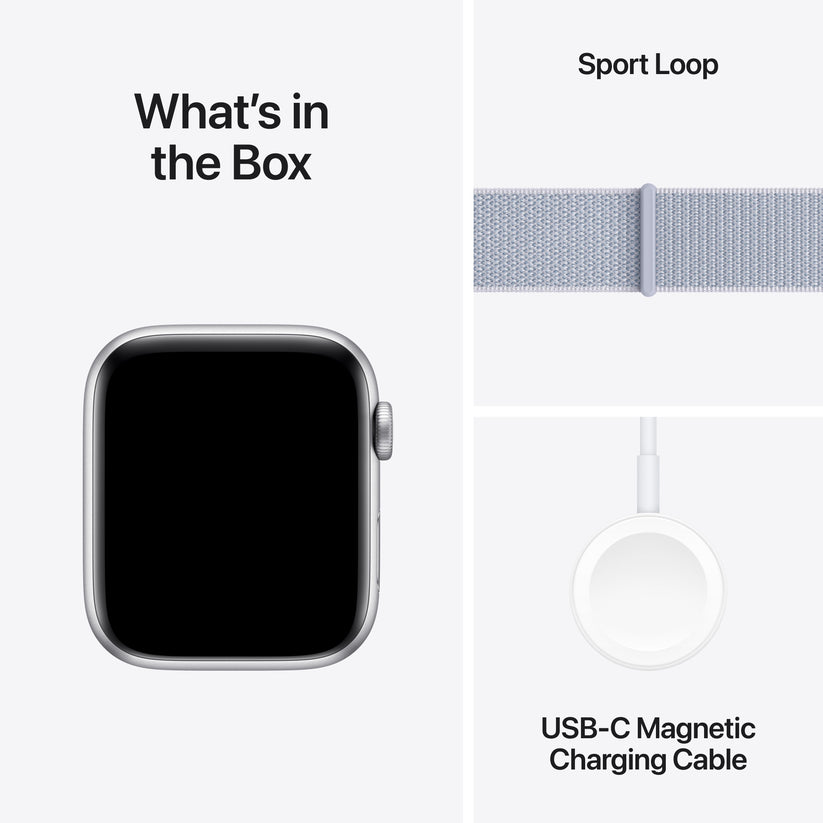 Apple Watch SE GPS 44 mm-es ezüst alumínium tok kék felhős sporthurokkal - iSTYLE HU