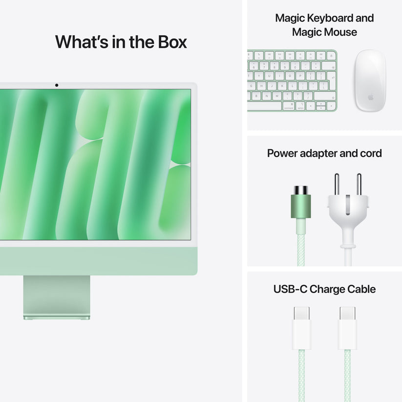 24 hüvelykes iMac Retina 4,5K kijelzővel: Apple M4 chip 8 magos CPU-val és 8 magos GPU-val, 256GB SSD, 24GB RAM, Magic Mouse, Magic Keyboard - magyar - zöld CTO