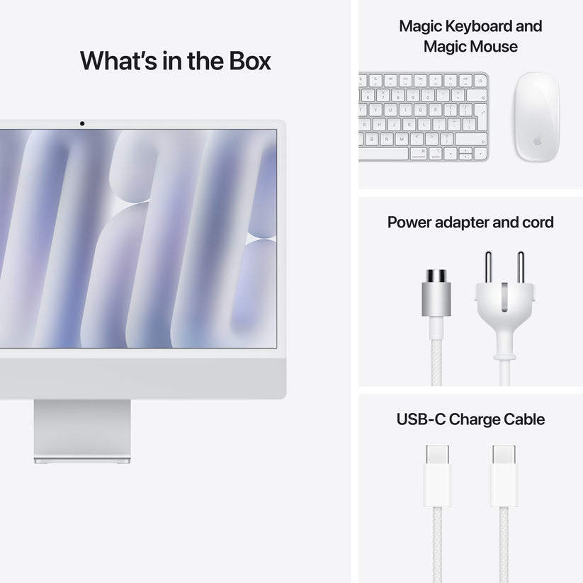 24 hüvelykes iMac Retina 4,5K kijelzővel: Apple M4 chip 8 magos CPU-val és 8 magos GPU-val, 256GB SSD, 24GB RAM, Magic Mouse, Magic Keyboard - nemzetközi angol - ezüst CTO