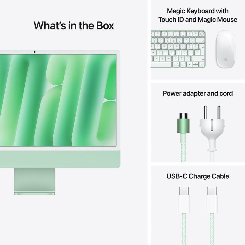 24 hüvelykes iMac Retina 4,5K kijelzővel: Apple M4 chip 10 magos CPU-val és 10 magos GPU-val, 1TB SSD, 32GB RAM, Magic Mouse, Magic Keyboard Touch ID-val és számbillentyűzettel – magyar - zöld CTO