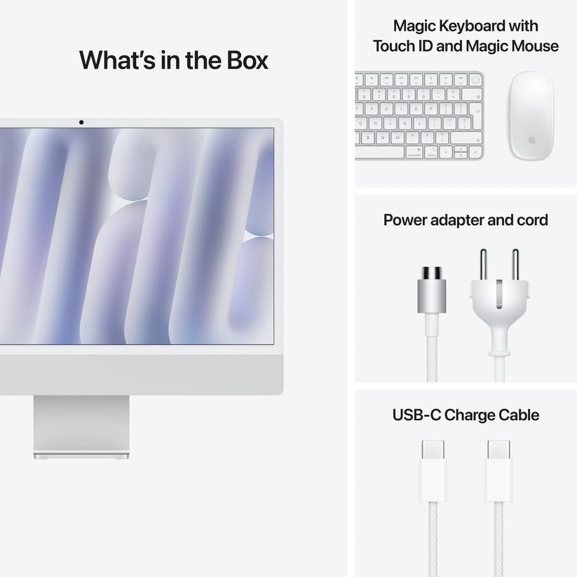 24 hüvelykes iMac Retina 4,5K kijelzővel: Apple M4 chip 10 magos CPU-val és 10 magos GPU-val, 512GB SSD, 24GB RAM, Nano-texturált üveg, Magic Trackpad, Magic Keyboard Touch ID-val és számbillentyűzettel – magyar - ezüst CTO