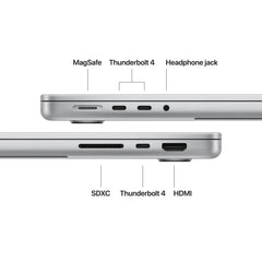 14 hüvelykes MacBook Pro: Apple M5 chip 10 magos CPU-val és 10 magos GPU-val, 4TB SSD, 32GB RAM, Normál kijelző, Hálózati adapter nélkül, Háttér-világítású Magic Keyboard Touch ID‑val – nemzetközi angol - ezüst CTO