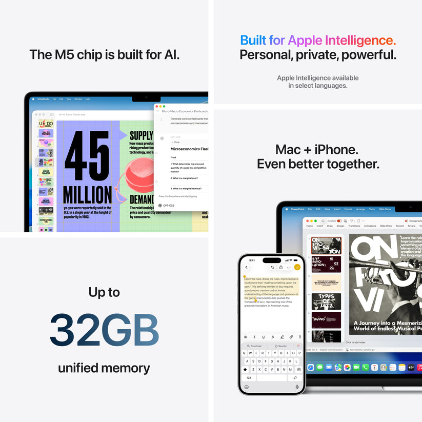 13 hüvelykes MacBook Air: Apple M5 chip 10 magos CPU-val és 10 magos GPU-val, 1TB SSD, 32GB RAM, Háttér-világítású Magic Keyboard Touch ID-val, 70 wattos USB‑C adapterrel – magyar - ezüst CTO
