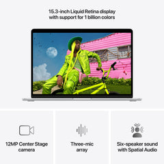 15 hüvelykes MacBook Air: Apple M5 chip 10 magos CPU-val és 10 magos GPU-val, 1TB SSD, 32GB RAM, Háttér-világítású Magic Keyboard Touch ID‑val, 70 wattos adapterrel – nemzetközi angol - ezüst CTO