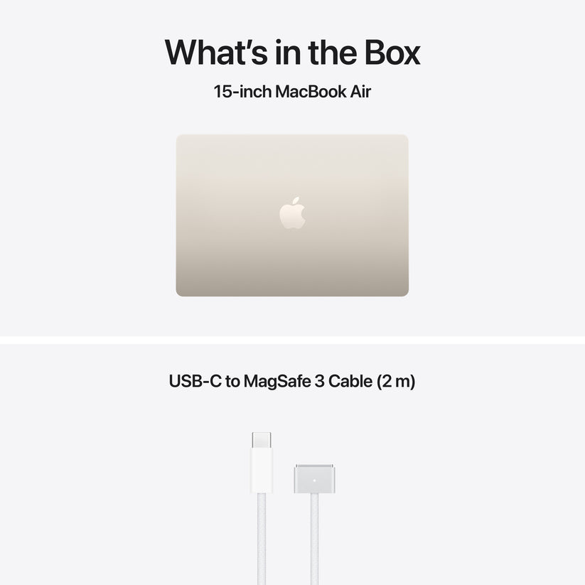 15 hüvelykes MacBook Air: Apple M5 chip 10 magos CPU-val és 10 magos GPU-val, 512GB SSD, 24GB RAM, Háttér-világítású Magic Keyboard Touch ID‑val, 70 wattos adapterrel – magyar - csillagfény CTO
