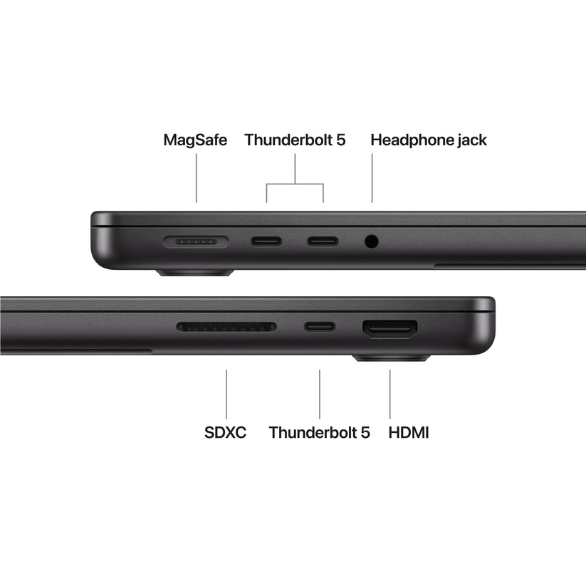 14 hüvelykes MacBook Pro: Apple M5 Pro chip 18 magos CPU-val és 20 magos GPU-val, 4TB SSD, 24GB RAM, Nanotexturált kijelző, Háttér-világítású Magic Keyboard Touch ID‑val – magyar - asztrofekete CTO