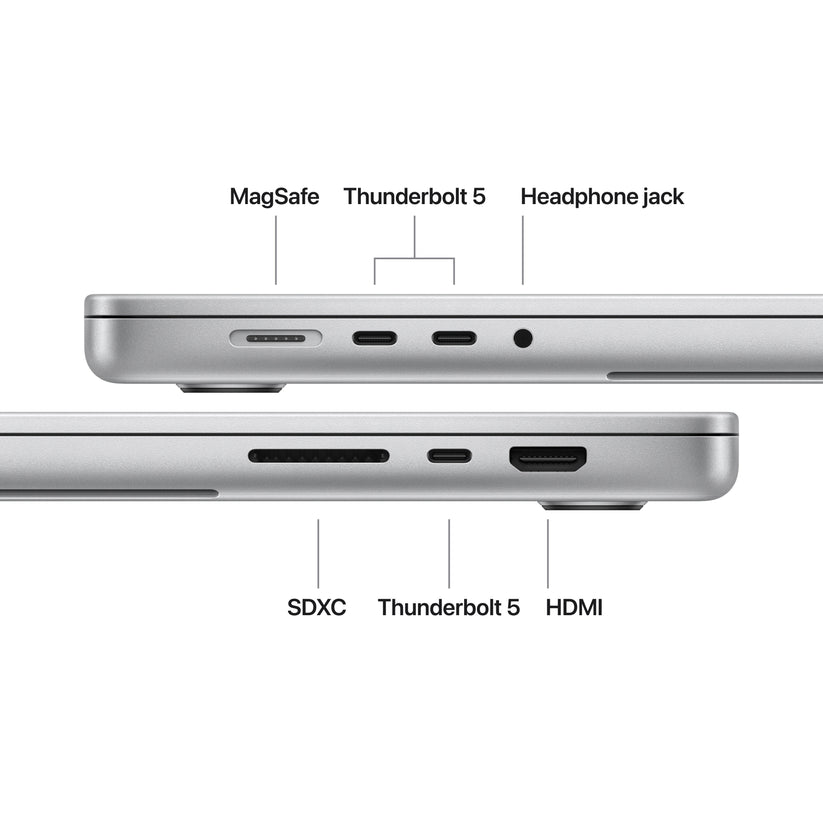 16 hüvelykes MacBook Pro: Apple M5 Max chip 18 magos CPU-val és 40 magos GPU-val, 8TB SSD, 128GB RAM, Nanotexturált kijelző, Háttér-világítású Magic Keyboard Touch ID‑val – nemzetközi angol - ezüst CTO
