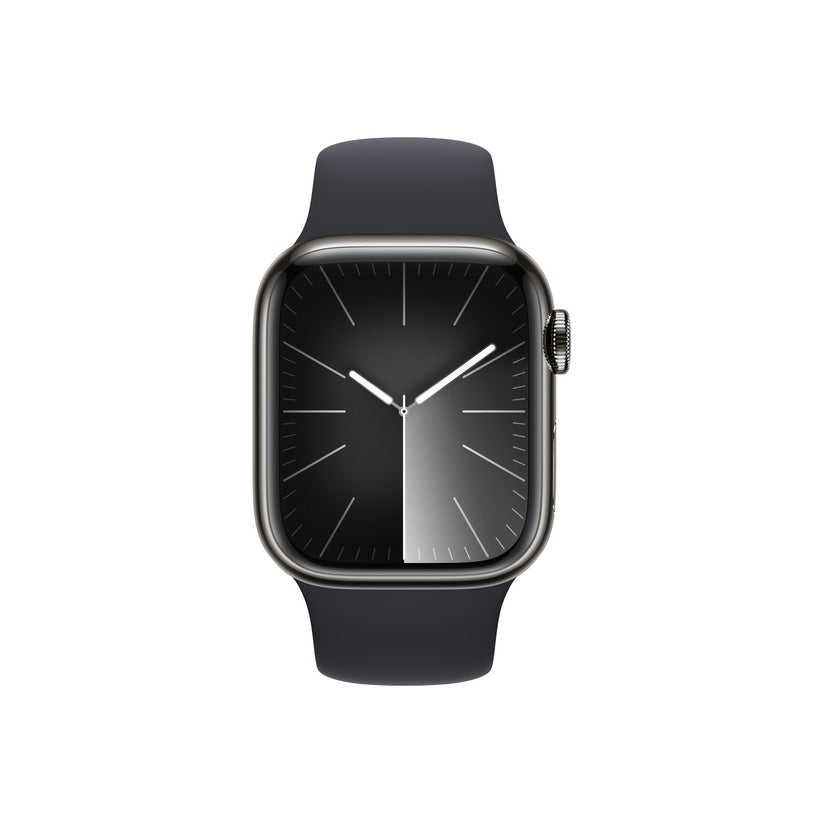 Apple Watch Series 9 GPS + Cellular – 41 mm-es grafitszínű rozsdamentesacél tok, éjfekete sportszíj - M/L - iSTYLE HU