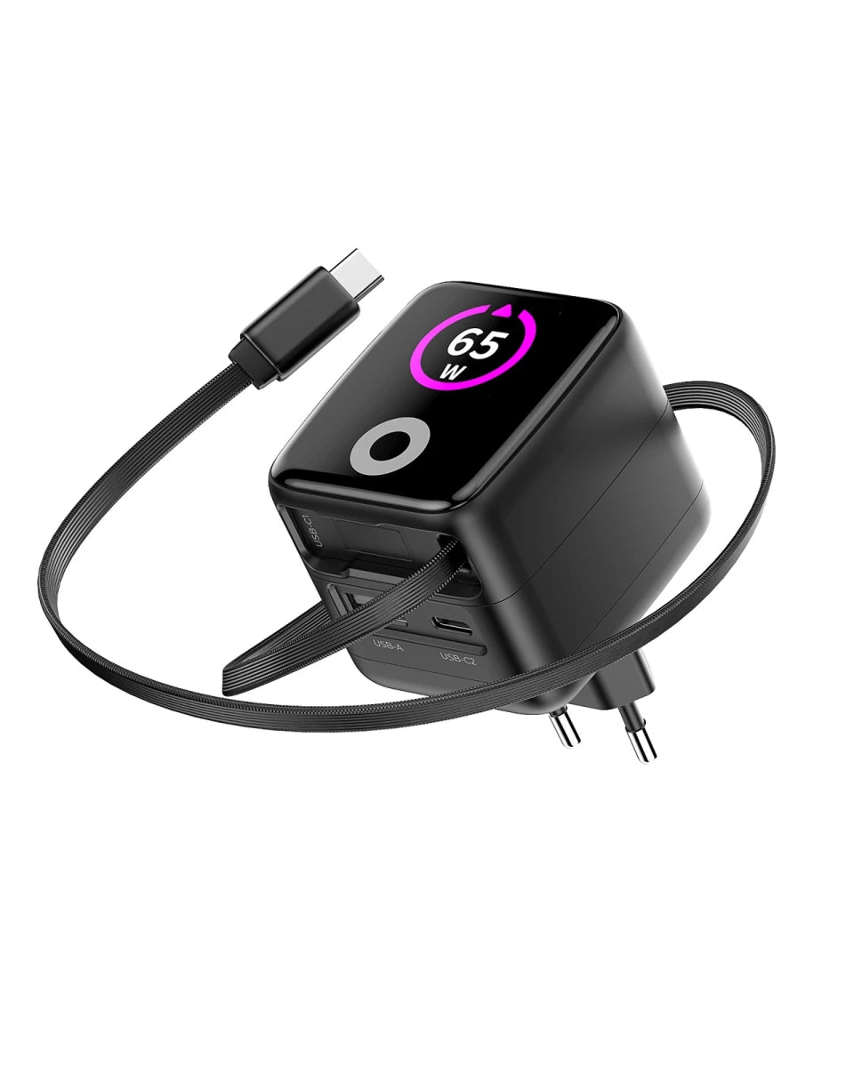 Mobile Origin 65W GaN Display Charger PW3 - USB-C Self-Retracting Cable + USB-C + USB-A