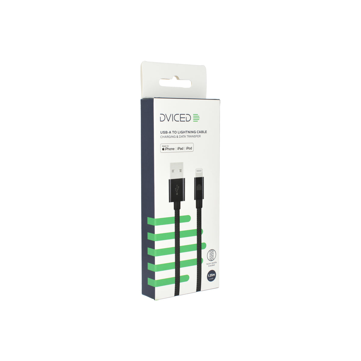 Dviced – USB-A - Lightning szőtt borítású töltőkábel, 1,25 m - fekete - iSTYLE HU