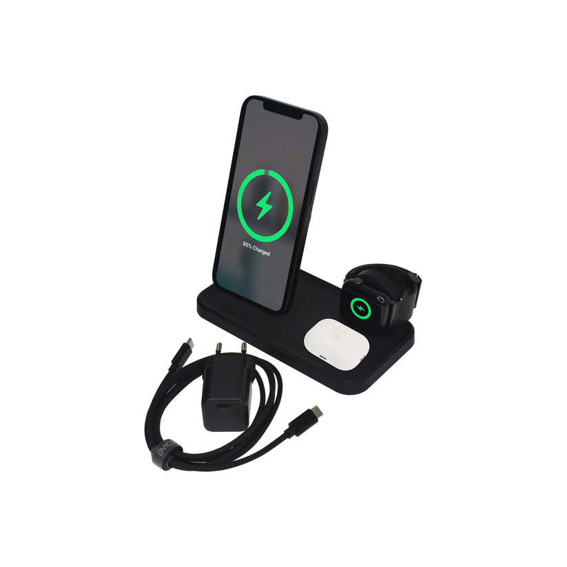 Dviced – 3-in-1 vezeték nélküli mágneses töltőállomás, 15W gyorstöltéssel + USB kábel + hálózati töltő – fekete - iSTYLE HU