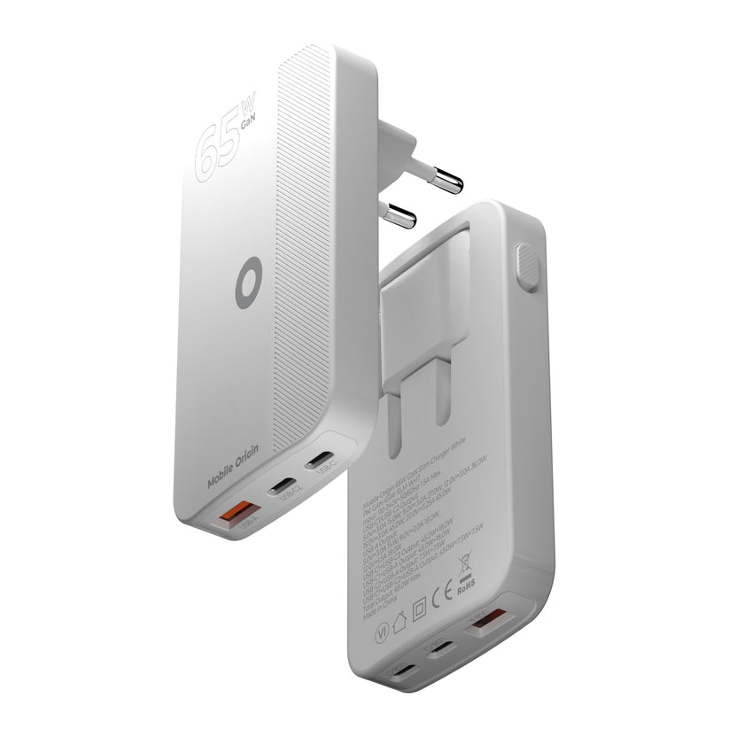 Mobile Origin – 65 Wattos GaN III Slim töltő dupla USB-C, simpla USB-A - fehér - iSTYLE HU