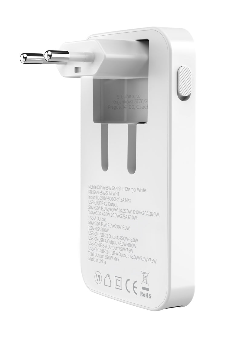 Mobile Origin – 65 Wattos GaN III Slim töltő dupla USB-C, simpla USB-A - fehér - iSTYLE HU