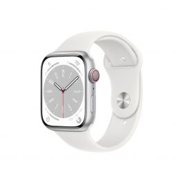 Apple Watch Series 8 GPS + Cellular – 45 mm-es ezüstszínű alumíniumtok, fehér sportszíj