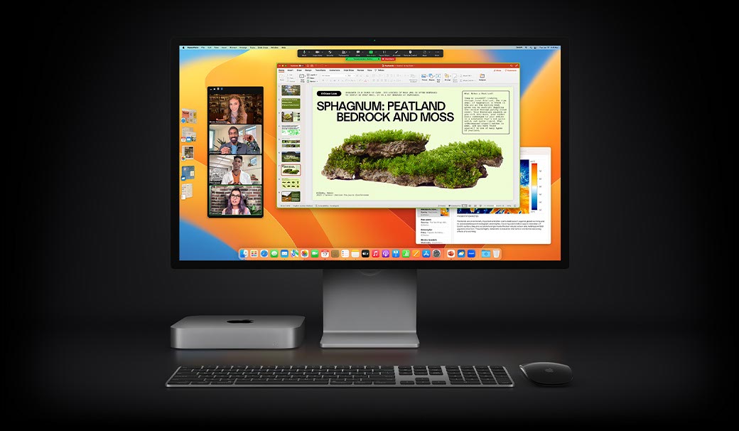 Mac mini with Magic Mouse, Magic Keyboard, and Studio Display showing a Microsoft PowerPoint presentation being shared in a Zoom meeting, with the Notes app in the background.