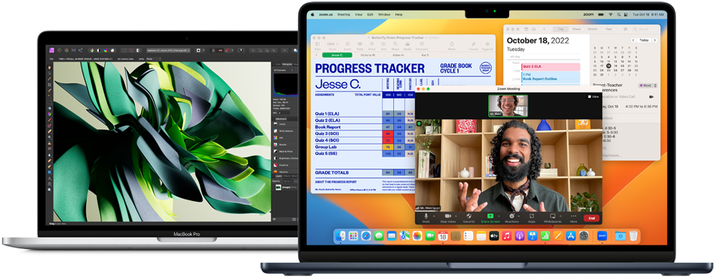 Ilustracija prikazuje 13-palčni model MacBooka Pro v srebrni barvi in MacBook Air z M2 čipom v temno črnilni barvi z aplikacijami Zoom, Koledar, Numbers in Affinity Photo 2.