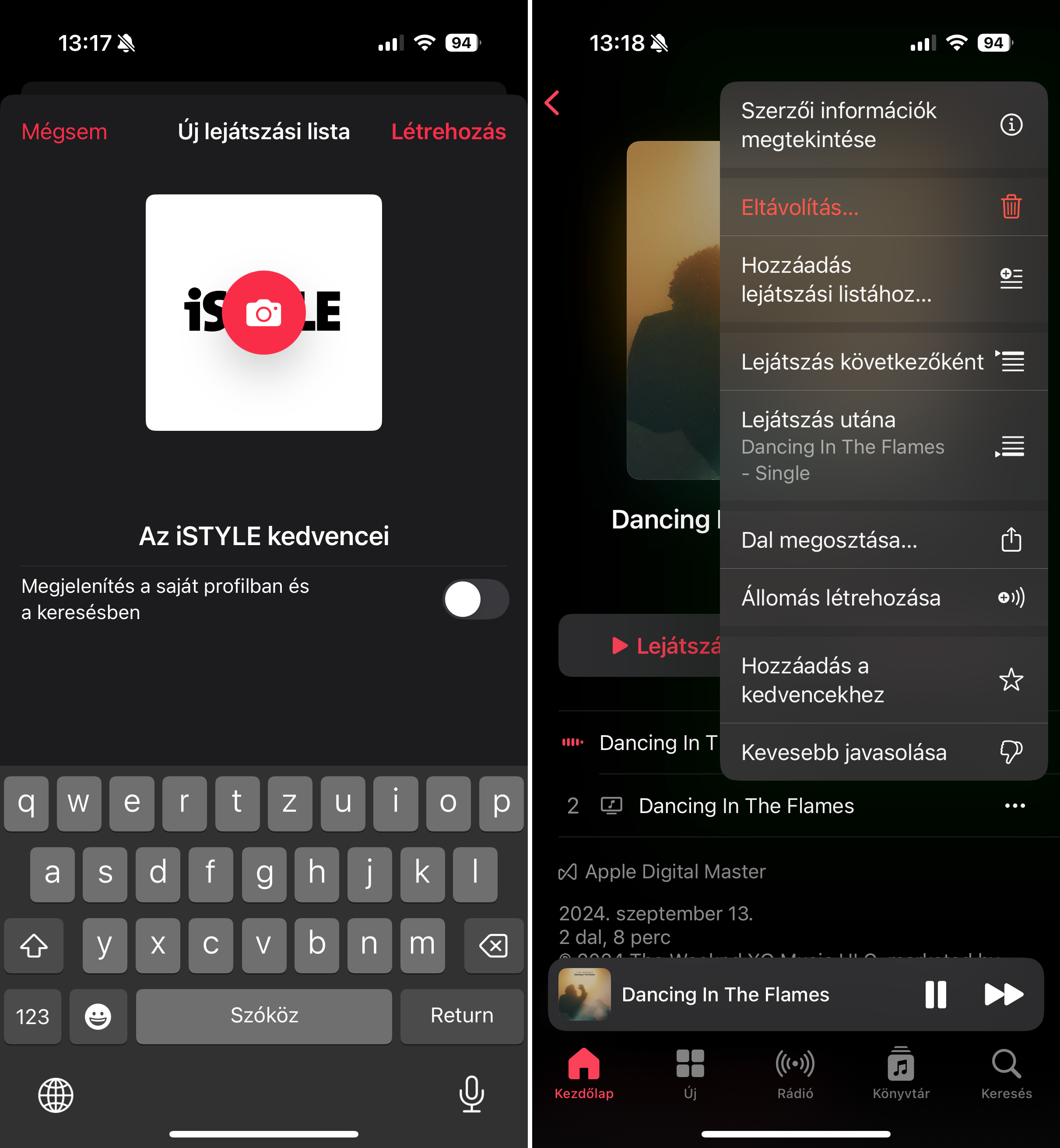Saját lejátszási lista létrehozása Apple Music-ban