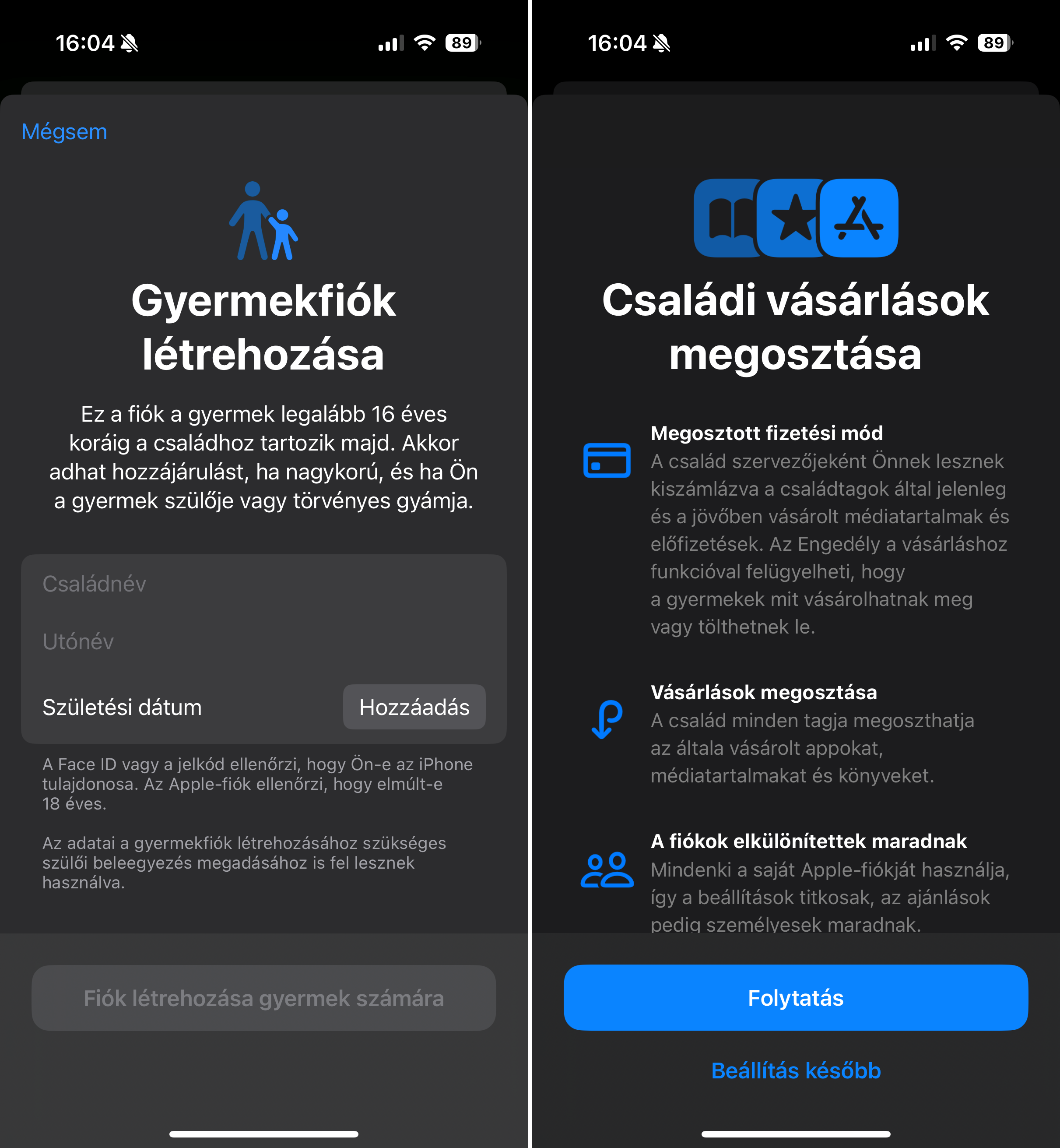 Családi megosztása beállítása iPhone-on