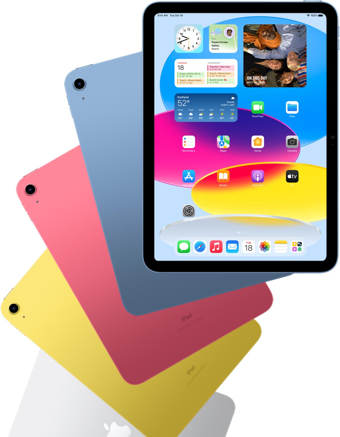 Front view iPad shows home screen with blue, pink, yellow, and silver rear facing iPads behind it.
