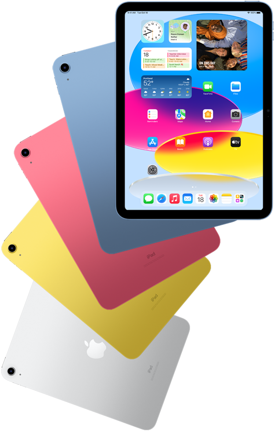 Egy iPad, amelynek a kezdőképernyője jelenik meg, mögötte pedig a hátlapjával felénk egy kék, egy rózsaszín, egy sárga és egy ezüstszínű iPad.