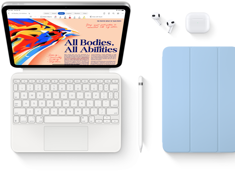 iPadet, Magic Keyboard Foliót, Apple Pencilt, AirPodsot és Smart Foliót ábrázoló kép.
