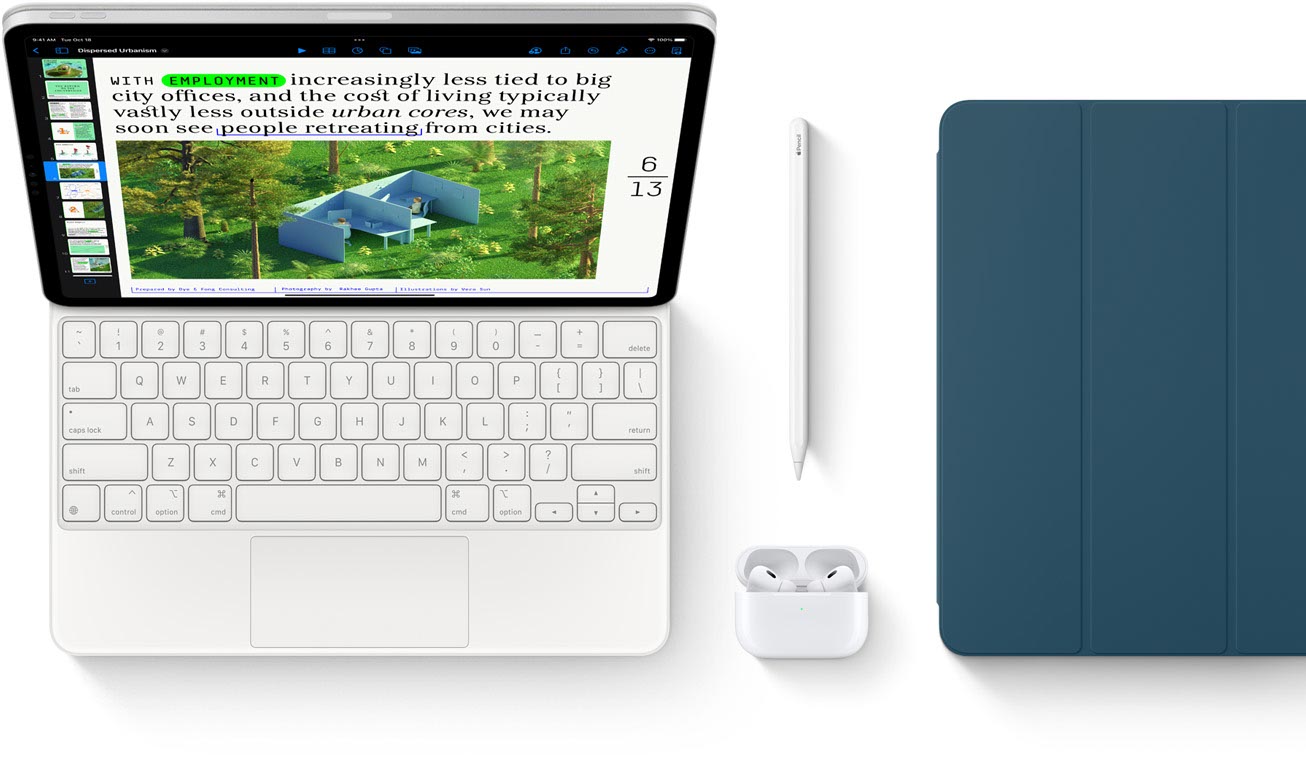 Smart Keyboard Folio, Apple Pencil, AirPods Pro és tengerkék iPad-tok.