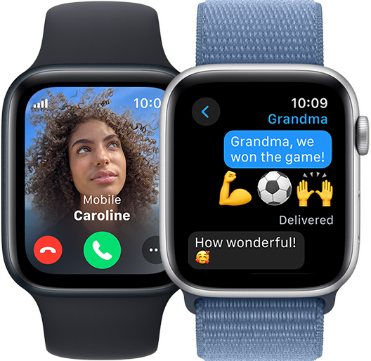 Два екрани на Apple Watch SE. Еден што прикажува дојдовен повик. Другата е нишка за пораки.