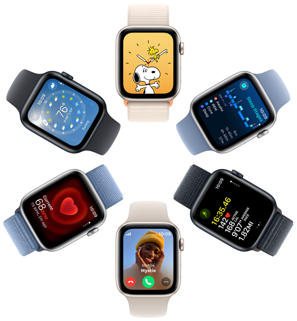 Преглед на шест екрани на Apple Watch SE кои прикажуваат wallpaper со Снупи, увид во апликацијата Sleep, метрика на апликацијата Workout, дојдовен повик, пулс и апликација за времето.