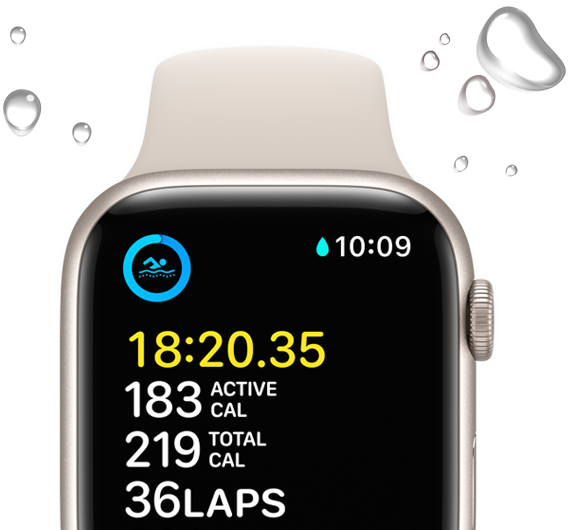 Apple Watch SE прикажува екран за вежбање за пливање со капки вода што го врамуваат уредот.