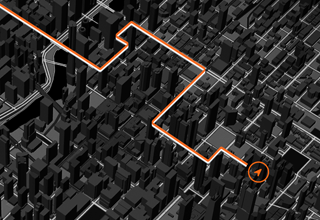 Sűrűn beépített nagyvárosi környezetben haladó útvonal rajza egy térképen a precíziós GPS képességeinek illusztrálására