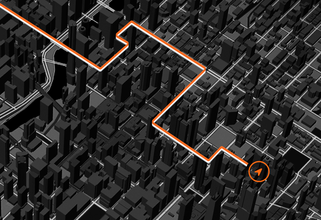 Map showing a highlighted route through a dense city environment, showing precision GPS capabilities