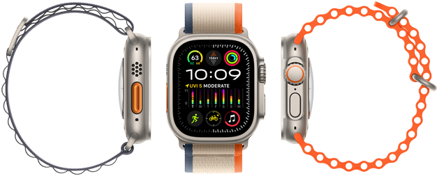 Apple Watch Ultra 2 showing compatibility with three different band types, large display, rugged titanium case, orange action button, and digital crown