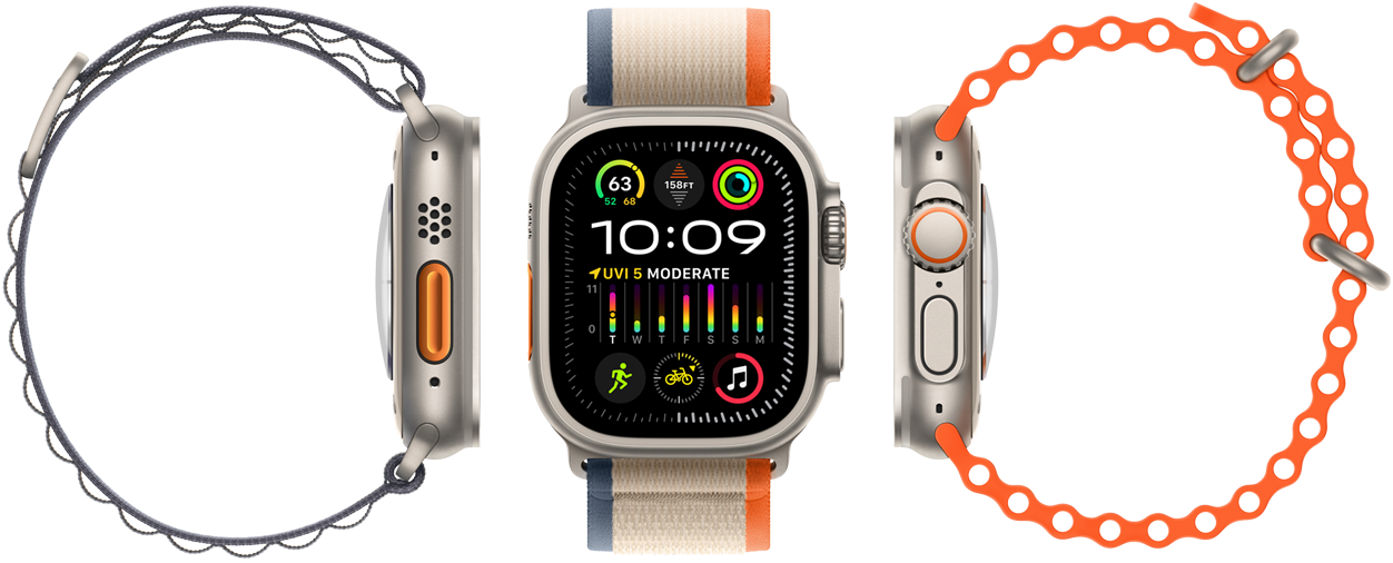 Apple Watch Ultra 2 és három különböző típusú kompatibilis szíj, nagy kijelző, masszív titántok, narancsszínű Művelet gomb és Digital Crown