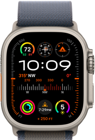 Apple Watch Ultra 2 kék Alpesi pánttal, számlapján a GPS-t, a hőmérsékletet, az iránytűt, a tengerszint feletti magasságot és fitneszadatokat mutató komplikációkkal
