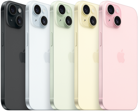 Az iPhone 15 hátulnézeti képe, melyen látszik a fejlett kamerarendszer és az anyagában színezett üvegborítás. Minden színváltozat látható: fekete, kék, zöld, sárga, rózsaszín.