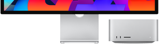 Közeli kép a Mac Studióról elölnézetben egy Studio Display mellett. A Mac Studio jól elfér a Studio Display alsó széle alatt.