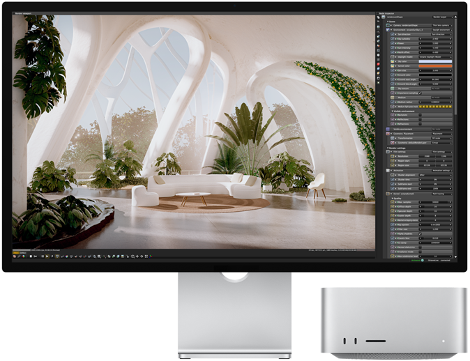 A Studio Display elölnézetből egy Mac Studio mellett