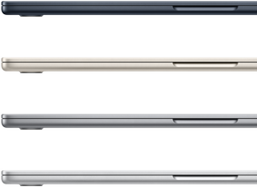 Négy MacBook Air laptop a választékban szereplő bevonatszínekkel: éjfekete, csillagfény, asztroszürke, és ezüst