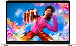 A MacBook Air kijelzőjén egy színes kép látható a Liquid Retina kijelző színtartományának és felbontásának ábrázolására