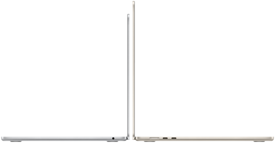 A MacBook Air 13 és 15 hüvelykes modellje kinyitva, egymásnak háttal.