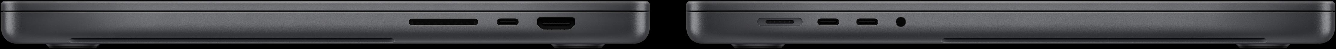 A MacBook Pro oldalnézetből, amelyen látszik az SDXC-kártyahely, a három Thunderbolt 4 port, a HDMI-port, a MagSafe 3 töltőport és a fejhallgató-csatlakozó.