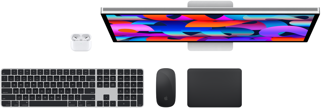 AirPods, Studio Display, Magic Keyboard, Magic Mouse és Magic Trackpad felülnézetből