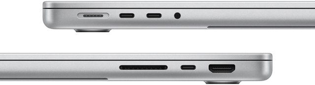 14 hüvelykes, M3 Pro chipes MacBook Pro oldalnézeti képei a portokkal: bal oldal, egy MagSafe port, két Thunderbolt 4 port és egy fejhallgató-csatlakozó, jobb oldal, egy SDXC-kártyahely, egy Thunderbolt 4 port és egy HDMI-port